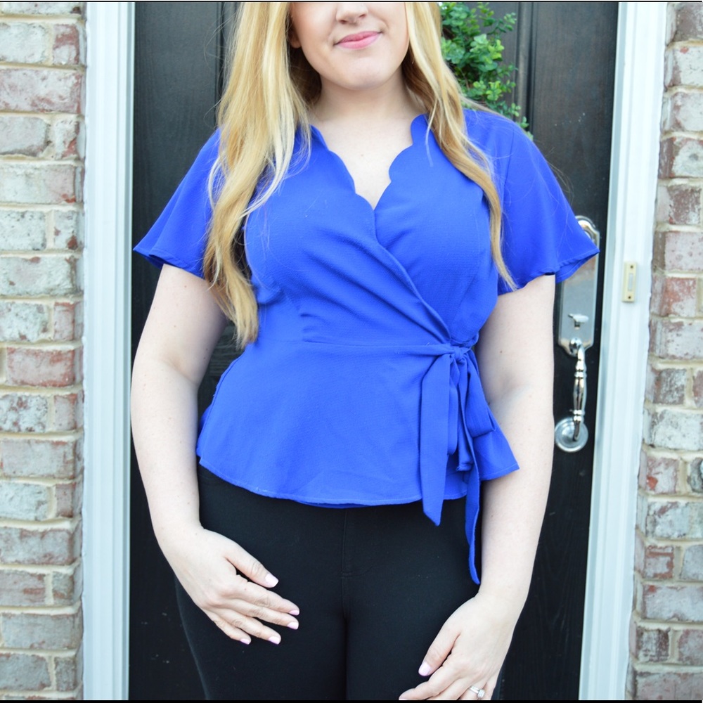 Montreal Peplum Wrap Top Scallop & Royal Blue